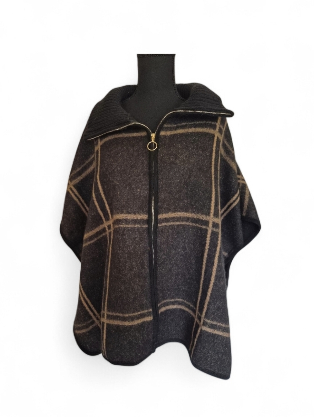 Nine West Black and Tan Plaid Zip Poncho Cape Sweater With Turtleneck Collar